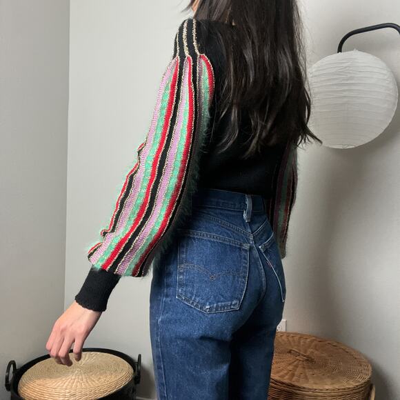 vintage 60s black wool angora striped balloon sleeve knit sweater - Picture 6 of 10